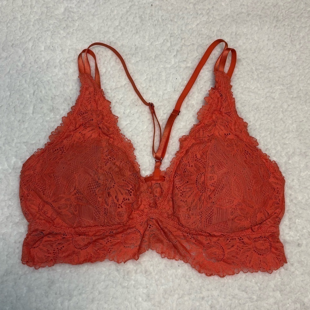 Aerie Women Orange Floral Lace Ruffle Bralette